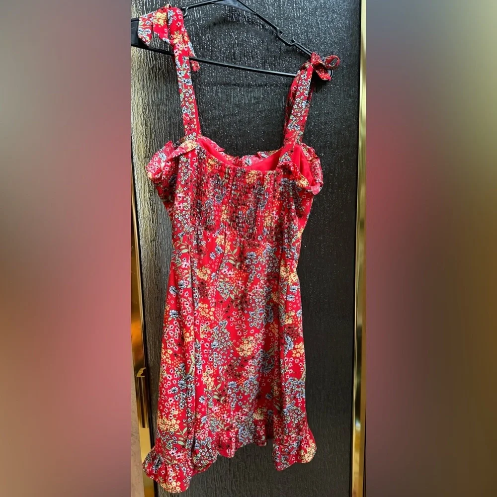 B. Darlin Red Floral Mini Dress with Bow Shoulder Ties - Size 11/12